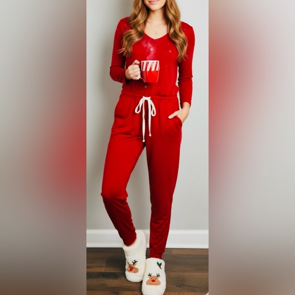 Albion Pants - Albion The Merry Jumpsuit XS Red Bamboo V-neck Jersey Lounge Wear Long Sleeve